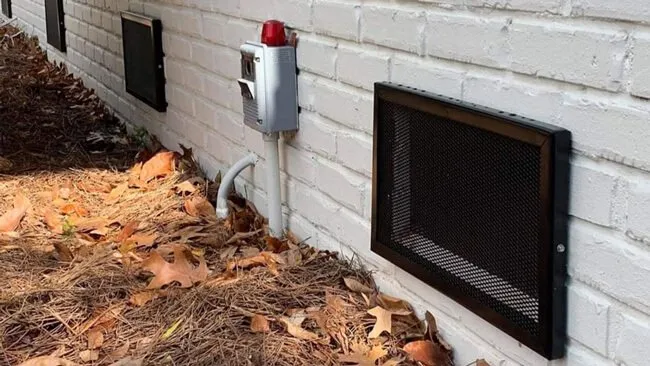 Black mesh guard installed over a foundation vent in a brick wall