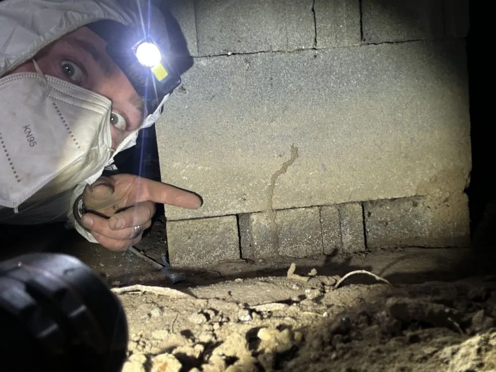 Liberty team member in a crawlspace pointing to a mud tube on a foundation block